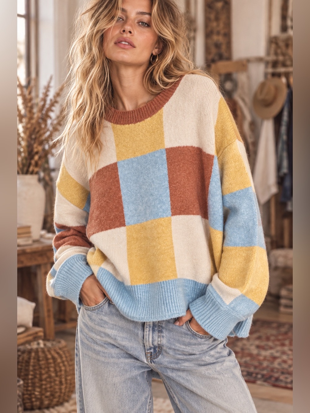 E68. BiBi Cream, Mustard, Dusty Blue & Rust Check Crewneck Sweater